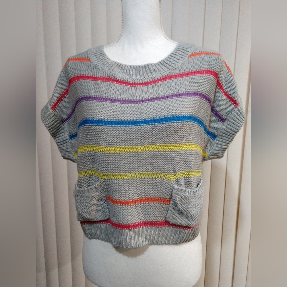 CROP Rainbow Sweater Striped Popsicle Stripes Colorful Short Sleeve Large